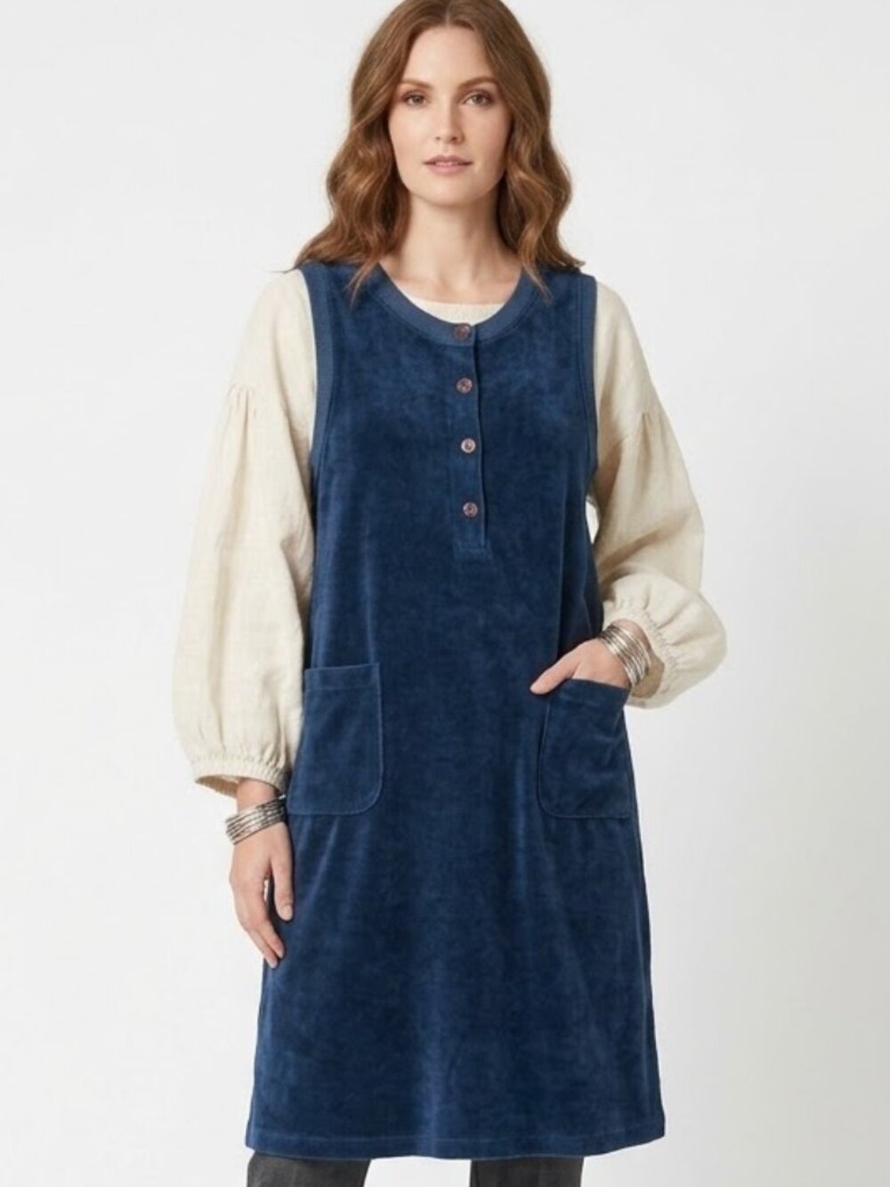 Yvonne Blue Velour Midi Dress Lagenlook Boho Sleeveless Buttons Pockets size M/L